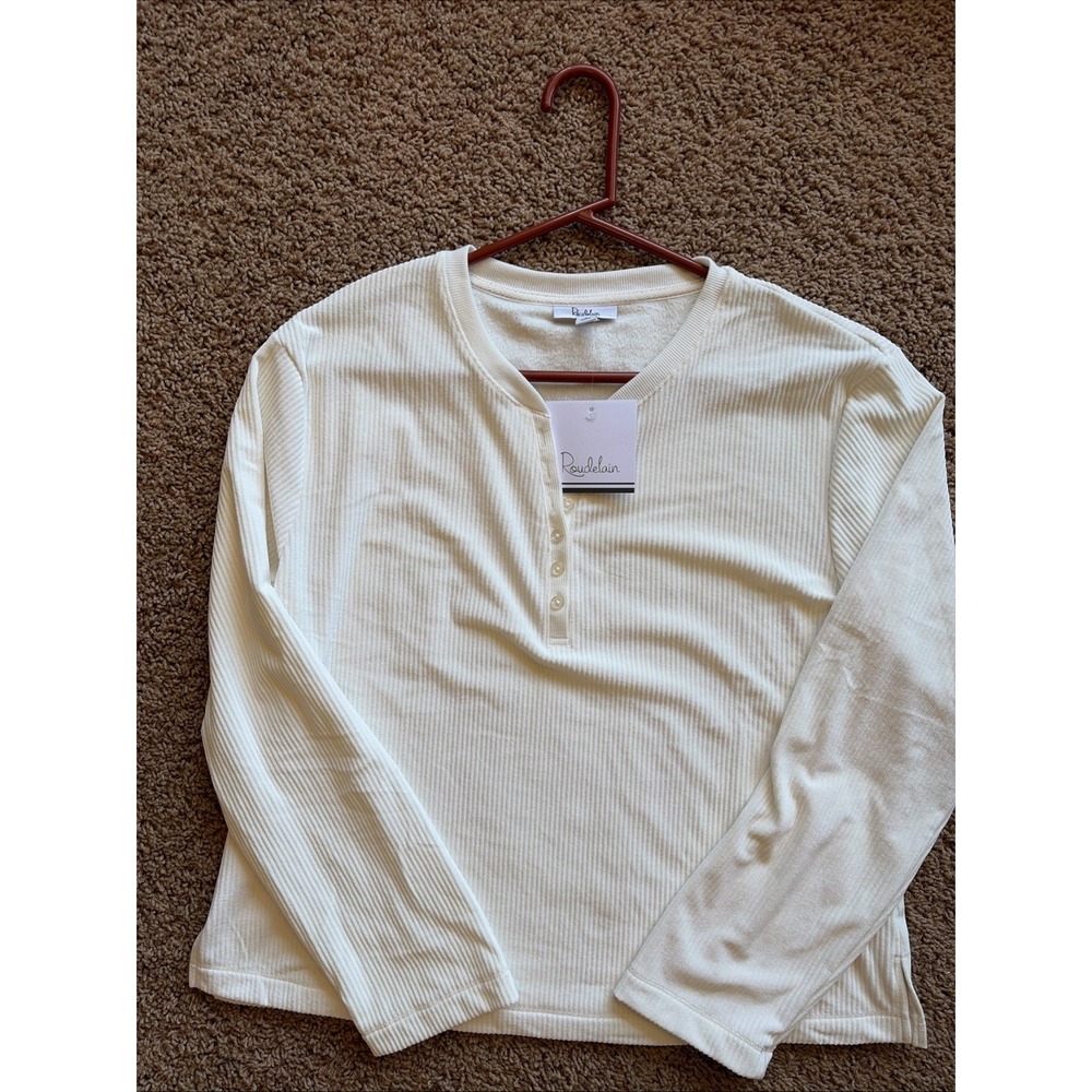 Roudelain Cream Ivory Ribbed Henley Soft Pajama Lounge Sleep Shirt Top Large NWT